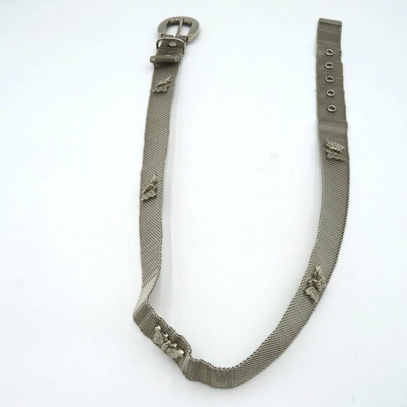 Silver Tone Mesh Belt Womens Size 33 Butterfly Medallions Metallic Buckle - Picture 7 of 8